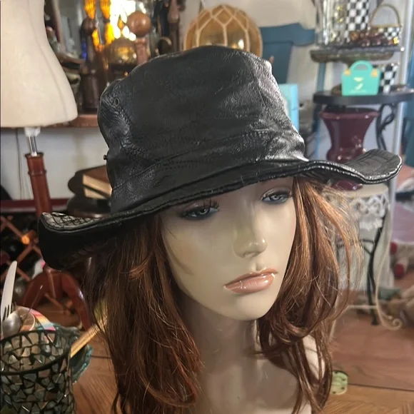 Vintage | Accessories | Vintage Black Leather Wide Brim Hat 